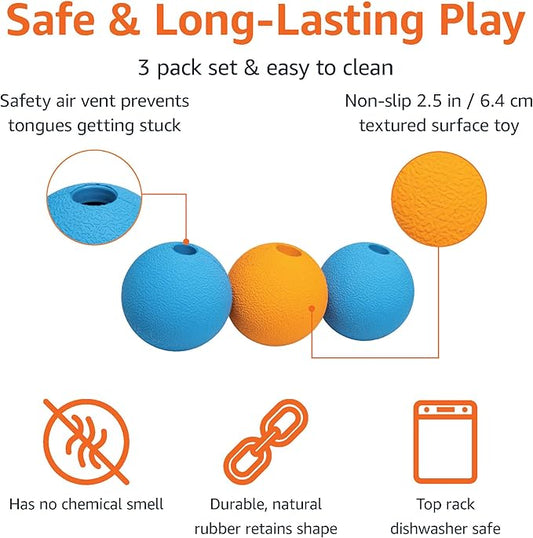 Amazon Basics Interactive Bouncy Supreme Durable Natural Rubber Dog Toy Balls, Easy to Clean, 2.5 inch, Blue, Orange, Pack of 3
