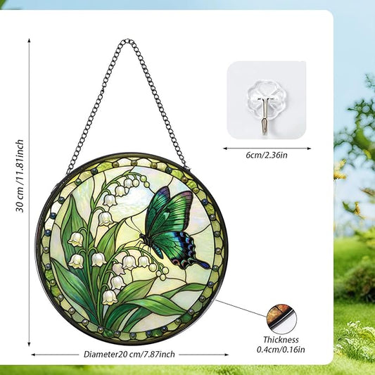 Stained Glass Window Hanging, 7.8″ Lily of The Valley Butterfly Sun Catchers Indoor Window Decor, Decorative Suncatchers Hanging Ornaments Home Garden Art Gift for Housewarming