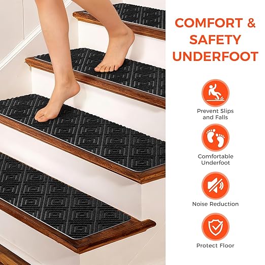 BAGAIL 15 Pack Non-Slip Stair Treads for Wooden Steps, 8"x30" Peel and Stick Carpet Stair Runners, Machine Washable Indoor Step Covers with No-Residue Adhesive for Dogs, Kids & Elderly - Black