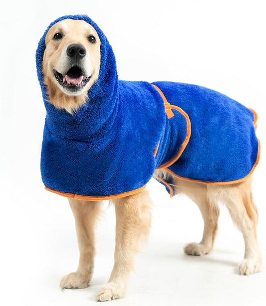 EXPAWLORER Soft Dog Bathrobe with Hood, Super Absorbent & Quick-Drying Dog Towels, Cozy Drying Coat for After Bath,Swimming, Blue L