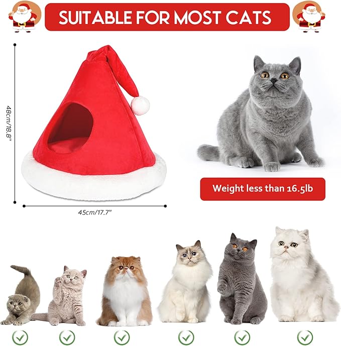 NIBESSER Cat Bed Christmas Hat Cat Tent House Self-Warming 2 in 1 Removable Comfortable Triangle Pet Teepee Xmas Dog Cave in Winter (Red)