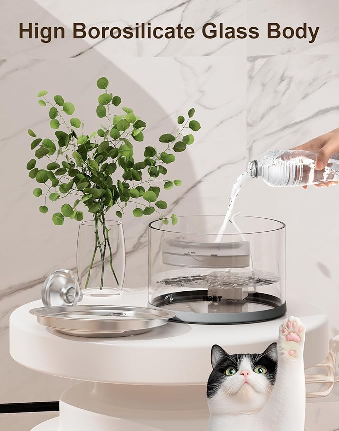 NPET N280 Cat Water Fountain Glass, 95oz/2.8L Automatic Pet Fountain Dog Stainless Steel Tray, Water Dispenser for Cats, Dogs, Multiple Pets (Water Fountain + 5 Filters)