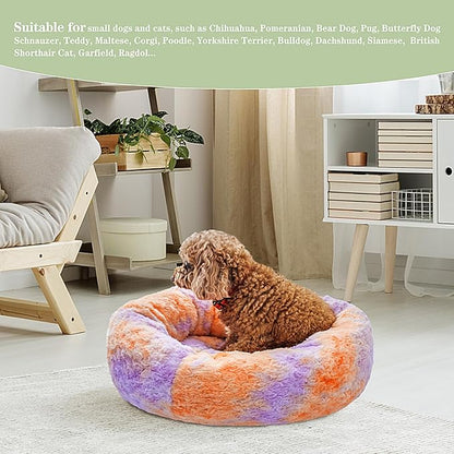 Calming Dog Bed for Small Dogs Cats, Kitty Puppy 23'' Round Anti-Anxiety Warm Fluffy Plush Faux Fur Bed, Soft Anti-Slip Donut Washable Small Pet Bed, Cozy Cat Puppy Bed, Fits up to 30 lbs Pets