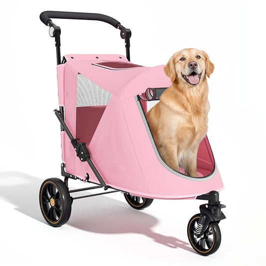 Magshion Pet Stroller for Medium Dogs w/Adjustable Handle, 3-Wheel Dog Cat Wagon w/Dual Entry, Rear Storage, Breathable Mesh, One-Foot Brake, Ideal for Large Pets up to 55 lbs, Pink