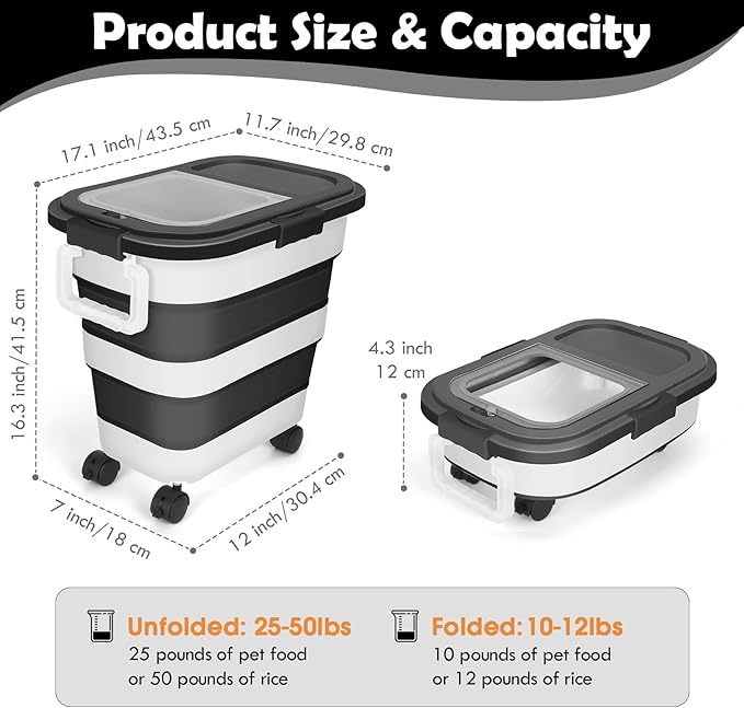 25Lbs Dog Food Storage Container, Large Collapsible Pet Cat Food Container with Airtight Lids Wheels Handle Scoop Measuring Cup Small Container, Rice Kitchen Dry Food Storage Dispenser Bin (Black)