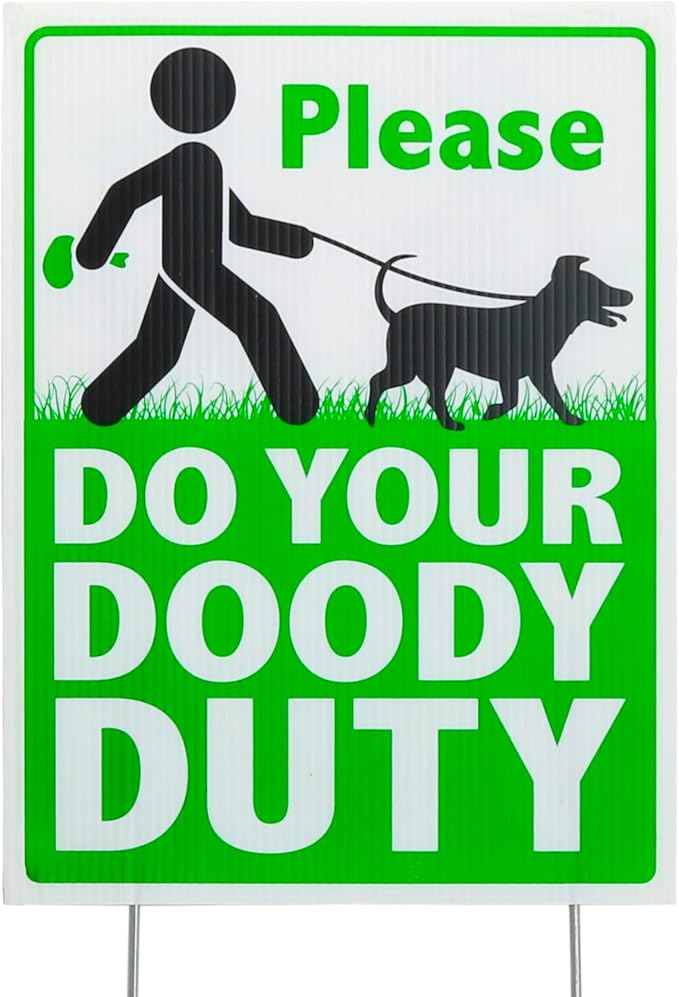 Iconikal Clean Up After Your Pet Waste Yard Sign - Please Do Your Doody Duty - Funny Dog Poop - 9 x 12-Inch Durable and Visible Pickup Reminder - Printed on Both Sides, Made with Corrugated Plastic and Metal H Stakes