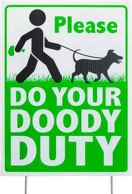 Iconikal Clean Up After Your Pet Waste Yard Sign - Please Do Your Doody Duty - Funny Dog Poop - 9 x 12-Inch Durable and Visible Pickup Reminder - Printed on Both Sides, Made with Corrugated Plastic and Metal H Stakes