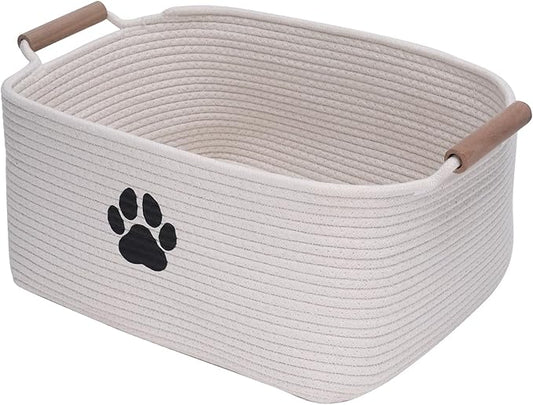 Geyecete dog toy basket Cotton Rope dog toy box with wood handle pet toy bin Blanket Storage Basket Decorative Clothes Hamper Basket Large Baskets