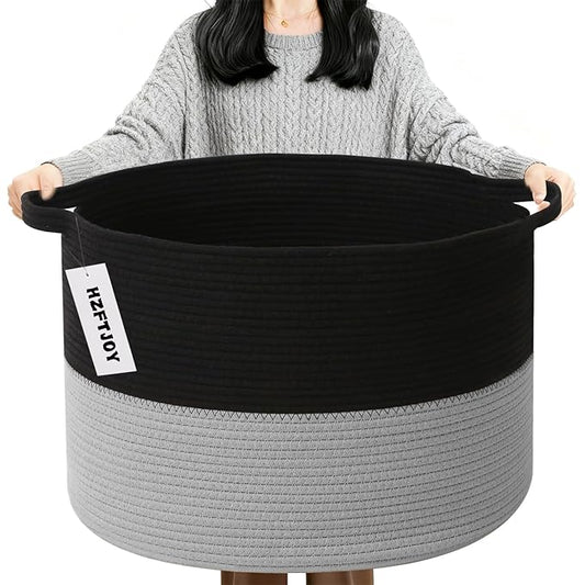 90L Large Blanket Basket,21.7"L x 21.7"W x 13.8"H Rope Woven Baskets with Handles, Toys Storage Bins,Laundry Basket Perfect for Living Room, Nursery,Bedroom,Home Organization,Black&Light Grey