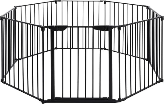 AUXSOUL 196" Extra Wide Baby Gate Metal Safety Playpen - Fireplace Fence for Toddler/Pet/Dog, Max Length 196", 8-Panel (30" H, Black)