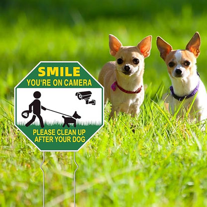 Clean UP After Your Dog Signs, 4-Pack 10"x10" Double-Sided Metal Stakes Smile Your on Camera Signs, Pick Up After Your Dog Sign for Yard