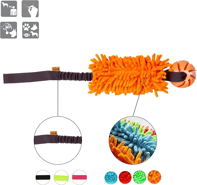 Dingo tug Toy for Dog, for Outdoor Indoor Play and tug of war, Bungee Handle, Soft Shaggy Nubby Like Plush Noodle and TPR Rubber Ball, Orange 15586