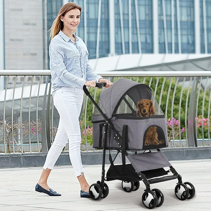 3-in-1 Folding Pet Stroller for Medium Small Dogs Cats - 4 Wheels Lightweight Travel With Detachable Carrier, Grey