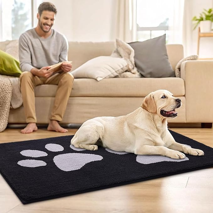 Buganda Dog Door Mat for Muddy Paws, Absorbent Dirt Trapper Washable Indoor Doormats, Non Slip Low-Profile Mud Mat for Dogs, Front Entrance Doormat for Inside Floor (59x24 Inches, Black and Grey)