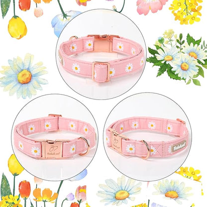 Spring Dog Collar, Cute Pink Daisy Femal Pet Collar with Metal Buckel, Durable Adjustable Designer Dog Collars for Small Medium Large Dogs XS