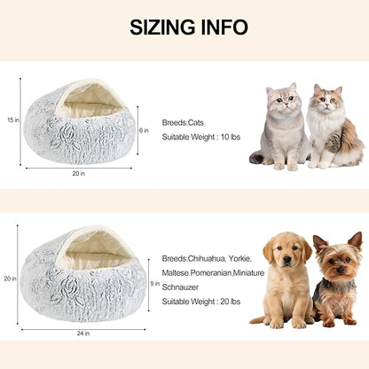 Calming Dog Beds & Cat Cave Bed with Hooded Cover,Removable Washable Round Beds for Small Medium Pets,Anti-Slip Faux Fur Fluffy Coved Bed for Improved Sleep,Fits up to 15/25 lbs(Rose,M)