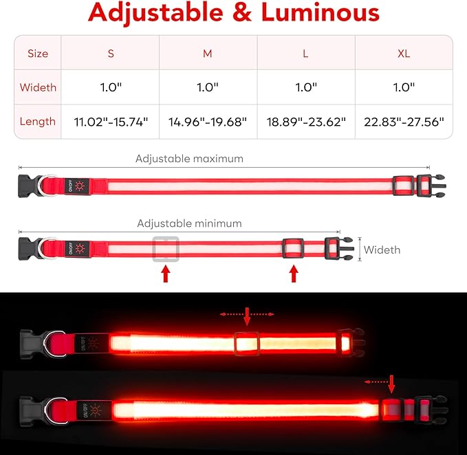 Vizpet LED Dog Collar, Light Up Dog Collar Adjustable USB Rechargeable Super Bright Safety Light Glowing Collars for Dogs(X-Large,Red)
