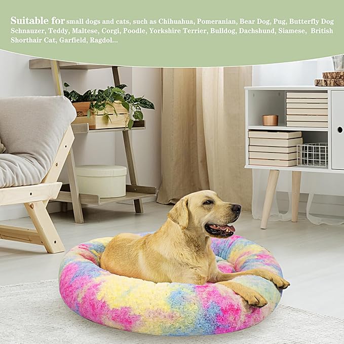 Calming Dog Bed for Big Dogs, 39'' Round Anti-Anxiety Warm Fluffy Plush Faux Fur Bed, Soft Anti-Slip Donut Washable Big Pet Bed, Cozy Big Dogs Bed, Fits up to 100 lbs Pets