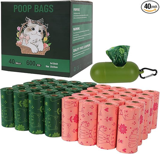 40PCS Pet Waste Sacks with Bag Dispenser, Certified Compostable Dog Poop Bags Landfill Friendly and Leakproof Dog Waste Bags (Pink & Green)