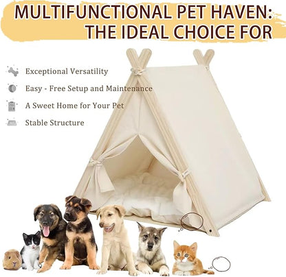 Pet Teepee with Thick Cushion, Cat Tents for Small Dogs Puppy and Cats,Portable Houses Indoor with Thick Cushion,Puppies Play House Removable and Washable,Beige