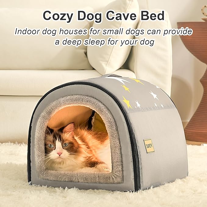 Jiupety Indoor Dog House, 2 in 1 Portable Foldable House Bed with Cover, Pet Tent & Cave Bed for Cats and Small Dogs, M(17"×14"×13"), Up to 9 Lb, Grey