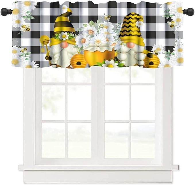 Bee Valances Curtain for Kitchen, Black White Buffalo Daisy Gnomes Window Treatment Valances Short Curtains Rod Pocket Drape for Dining Room Home Farmhouse Decor, 54x18inch