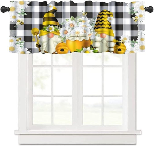 Bee Valances Curtain for Kitchen, Black White Buffalo Daisy Gnomes Window Treatment Valances Short Curtains Rod Pocket Drape for Dining Room Home Farmhouse Decor, 54x18inch