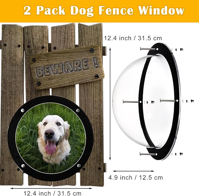 2 Pack Dog Fence Window, Plastic Pet Dome Clear View Pet Peek Window for Dog, Cat, Horse, Pet Supply, 12.4 x 4.9 Inch