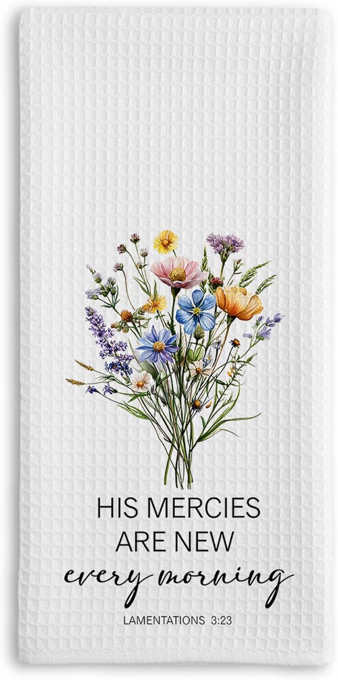 Christian Kitchen Towel, Waffle Weave Microfiber Scripture Hand Towel, His Mercies are New Every Morning Bible Verse Farmhouse Decor for Kitchen Bathroom, Inspirational Gift for Women