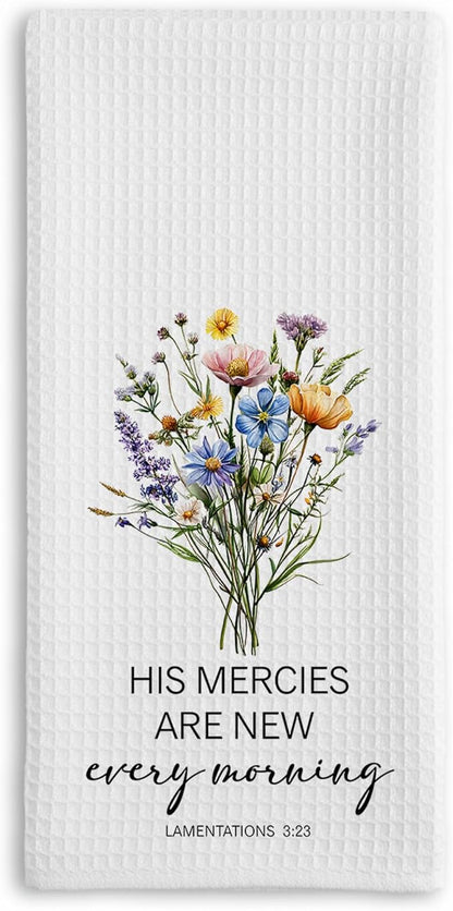 Christian Kitchen Towel, Waffle Weave Microfiber Scripture Hand Towel, His Mercies are New Every Morning Bible Verse Farmhouse Decor for Kitchen Bathroom, Inspirational Gift for Women