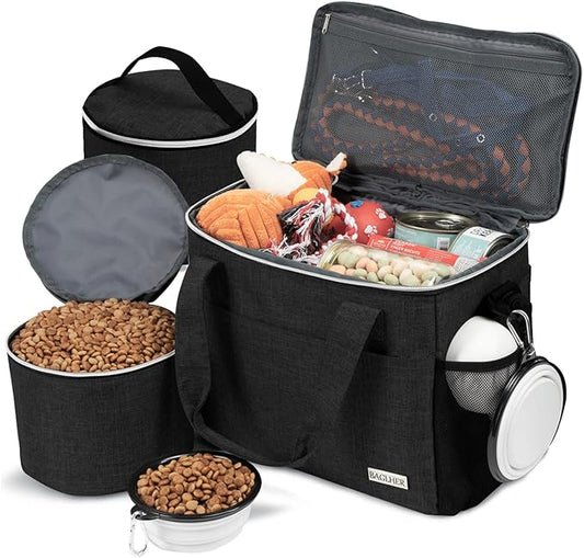 BAGLHER Dog Travel Bag Backpack Pet Supplies Backpack Pet Accessories Storage Bag 5-Piece Set With Shoulder Strap 2 Lined Pet Food Containers 4 Foldable Feeding Bowls Essential Kit for Pet travel