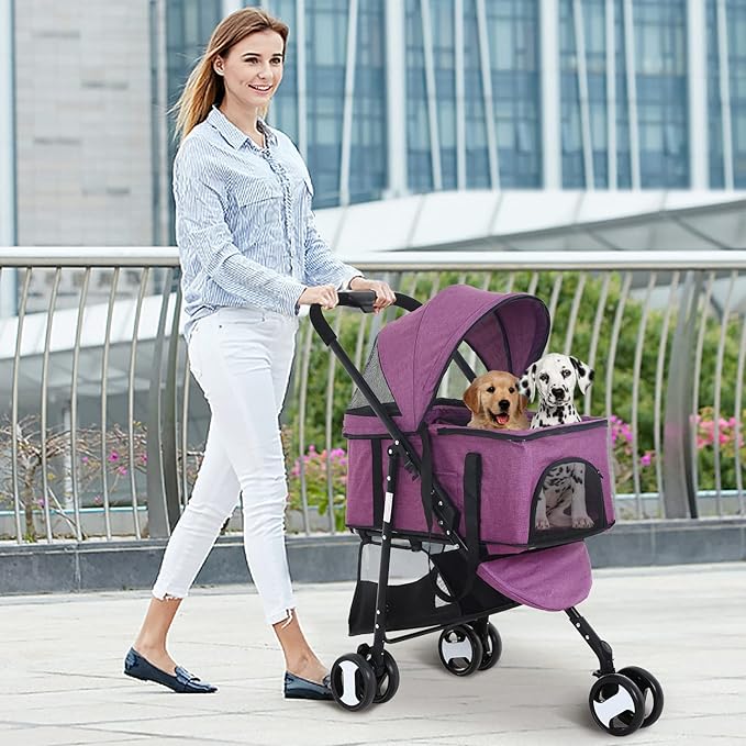 3-in-1 Folding Pet Stroller with 3 Wheels for Medium Small Dogs & Cats - Lightweight Travel Pet Stroller with Detachable Carrier, Purple