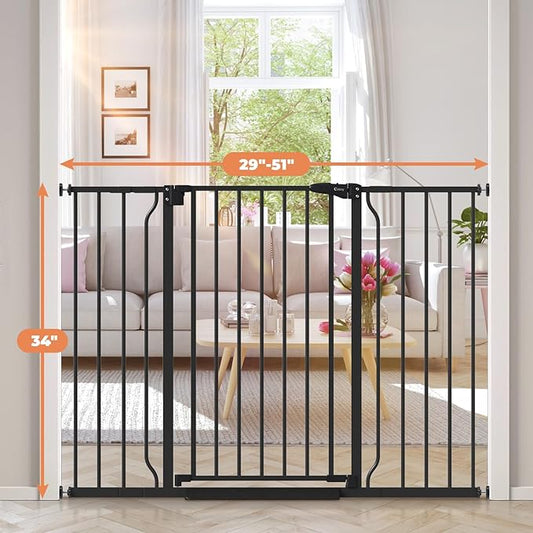 34" Extra Tall Baby Gate for Stairs, Auto Close Stroller Friendly Dog Gate Indoor for Doorways, Pressure Mounted 29"-51" Wide Baby Gate, Easy Walk Through Gate for Children & Pets, Black