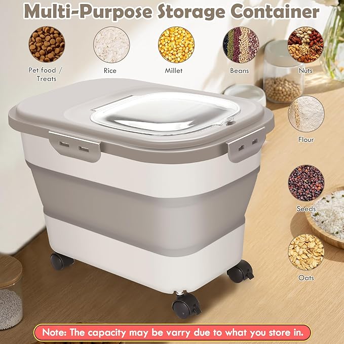 Collapsible Dog Food Storage Container, 20Lbs Airtight Rice Flour Container, Large Pet Cat Food Storage Dispenser Bin with Rolling Wheels, Scoop & Measuring Cup, Kitchen Cereal Dry Food Holder (Khaki)