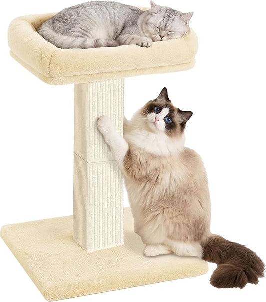 AGYM Cat Scratching Post, 32”Cat Scratcher with Large Plush Perch, Sisal & Carpet Scratching Post, Vertical Posts with Elevated Bed for Indoor Cats, Removable& Washable Cover, Beige