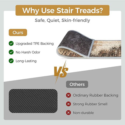 Carpet Stair Treads Non Slip 15PCS, 8" X 30" Edging Stair Runner for Wooden Steps Indoor, Resistant Stair Rugs with Reusable TPE Adhesive Backing, Residue Mat for Elders, Pets, Chestnut/Smoke
