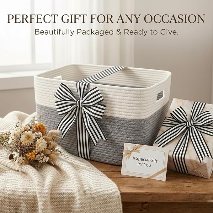 Woven Blanket Basket,96L Large Storage Bin for Blankets Toys Clothes,Decorative Rope Basket for Living Room Bedroom with Handles, White&Grey