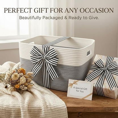 Woven Blanket Basket,96L Large Storage Bin for Blankets Toys Clothes,Decorative Rope Basket for Living Room Bedroom with Handles, White&Grey