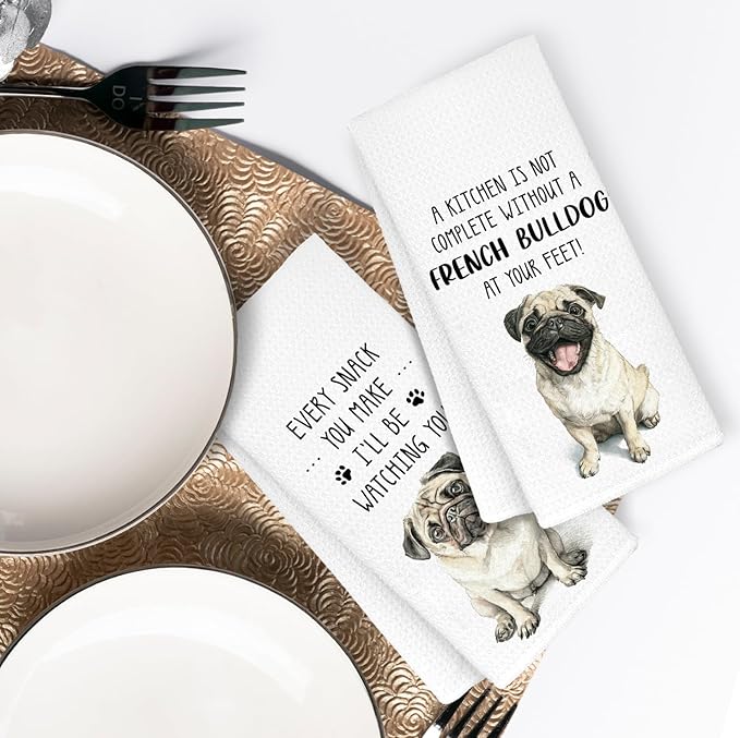 Funny Pug Kitchen Bathroom Towels, Gifts for Pug Lovers Women Dish Tea Towels, Dog Mom Dad Lovers Owner Gifts for Women Men Decorative Hand Towels for Kitchen Decor, 16x24 Inch Set of 2