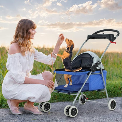 HKLGorg Dog Stroller Pet Stroller for Medium Small Dog Cat Foldable Pet Stroller with 4 Wheels Soft Pad Cat Stroller Folding Stroller Pet Gear Dog Stroller (Blue)