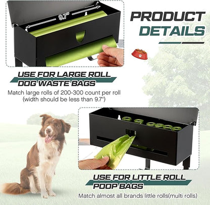 Blulu Wall Mount Dog Poop Bags Dispenser Holder with Hooks Metal 200/300 Single Large Roll Pet Waste Station Bags Dispenser for Outdoor Indoor Home Yard Doggy(Black)