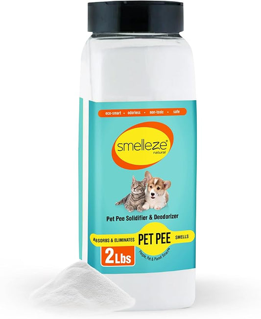 SMELLEZE Pet Pee Powder - Unscented Solidifier for Dog & Cat Accidents - 2lb Bottle - 360 Uses - No Dust, No Strong Smell, Instant Gel Cleanup
