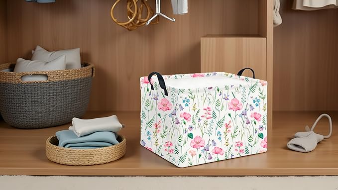 CLOCOR Rectangular Storage Basket,Collapsible Cute Pattern Storage Bin,Waterproof Books Box with Handles,Gift Basket(Blossoming)