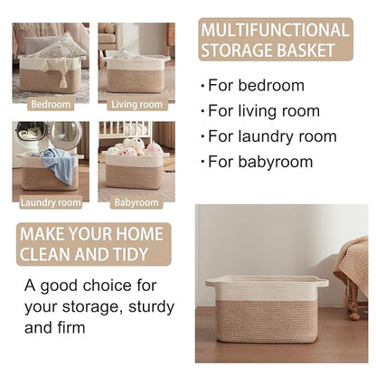 OIAHOMY Large Storage Basket, Cotton Rope Woven Blanket Basket, Toy Bin for Baby Room, Container for Blanket Storage in Living Room, 20''×16''×12'', Brown & White