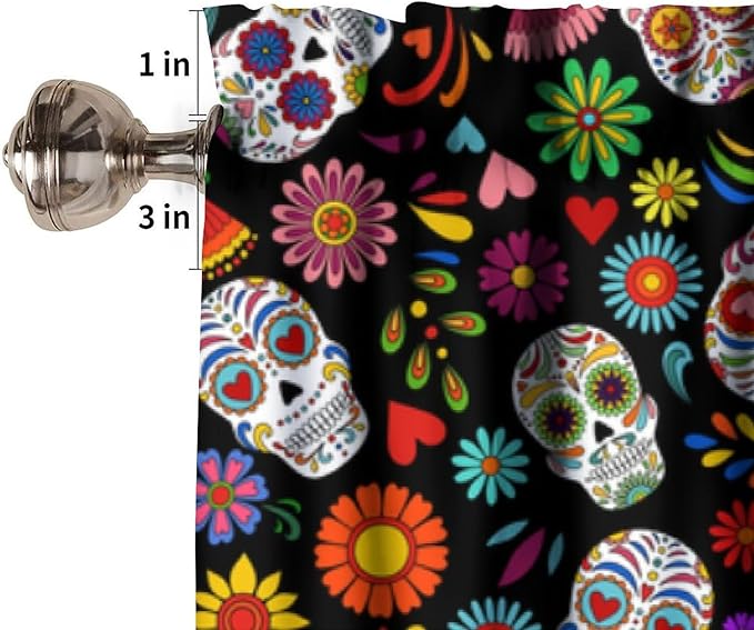 Mexican Style Valances Curtain for Kitchen, Day of The Dead Sugar Skull Pattern Window Treatment Valances Short Curtains Rod Pocket Drape for Dining Room Home Decor, 54x18inch