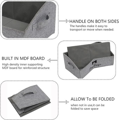 Geyecete 2 Pack Large Dog Toy Bin - Foldable Fabric Trapezoid Organizer Boxes with Handle for Dog Toys (Snow Gray)