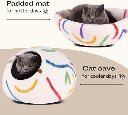 MEOWFIA Cat Cave – Premium Felt Cat Bed for Indoor Cats, Handmade Merino Wool (Ivory Rainbow, Medium)