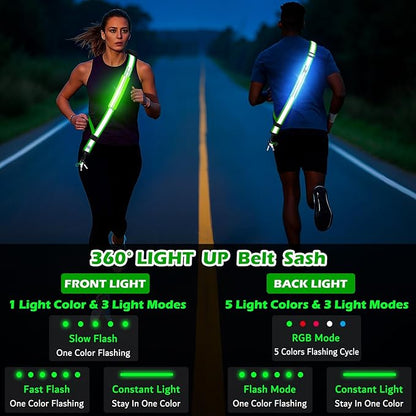 LED Reflective Belt Sash, Rechargeable LED Light Night Safety Walking Gear, High Visibility Adjustable Reflective Gear for Runners Walkers Cyclists at Night (Green)