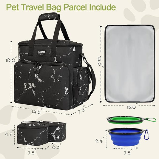 LARIPOP Dog Travel Bag Airline Friendly for Small Medium Large Dogs, Pet Travel Organizer with Collapsible Bowls Food Containers Mat, Waterproof Portable Tote for Dog Outdoor Travel
