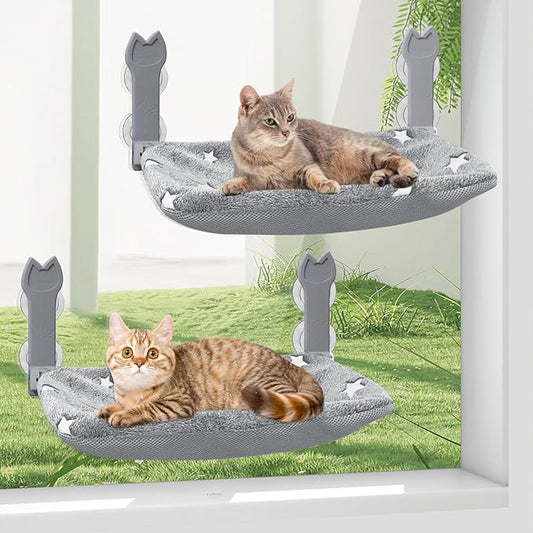 2 Pack Cat Window Perch,Cat Window Hammock Cordless Foldable Window Bed with 4 Large Strong Suction Cup,Reversible Cushion Cover,Metal Frame Easy to Adjust Window Seat Holds up to 40lbs(Star White
